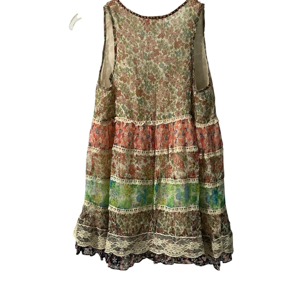Rene Derhy Boho Patchwork Babydoll Swing Top Chiffon Lace Sleeveless Size Medium - Picture 2 of 9